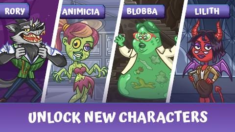Monster Country Idle Tycoon characters Rory, Animicia, Blobba and Lilith with the caption Unlock new characters