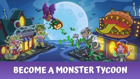 Monster Country Idle Tycoon monster town at night with shops and a full moon, caption Become a monster tycoon