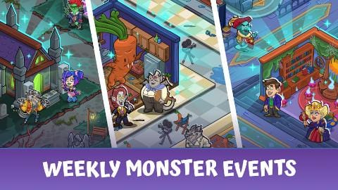 Monster Country Idle Tycoon weekly event scene with a crowd of monsters, caption Weekly monster events