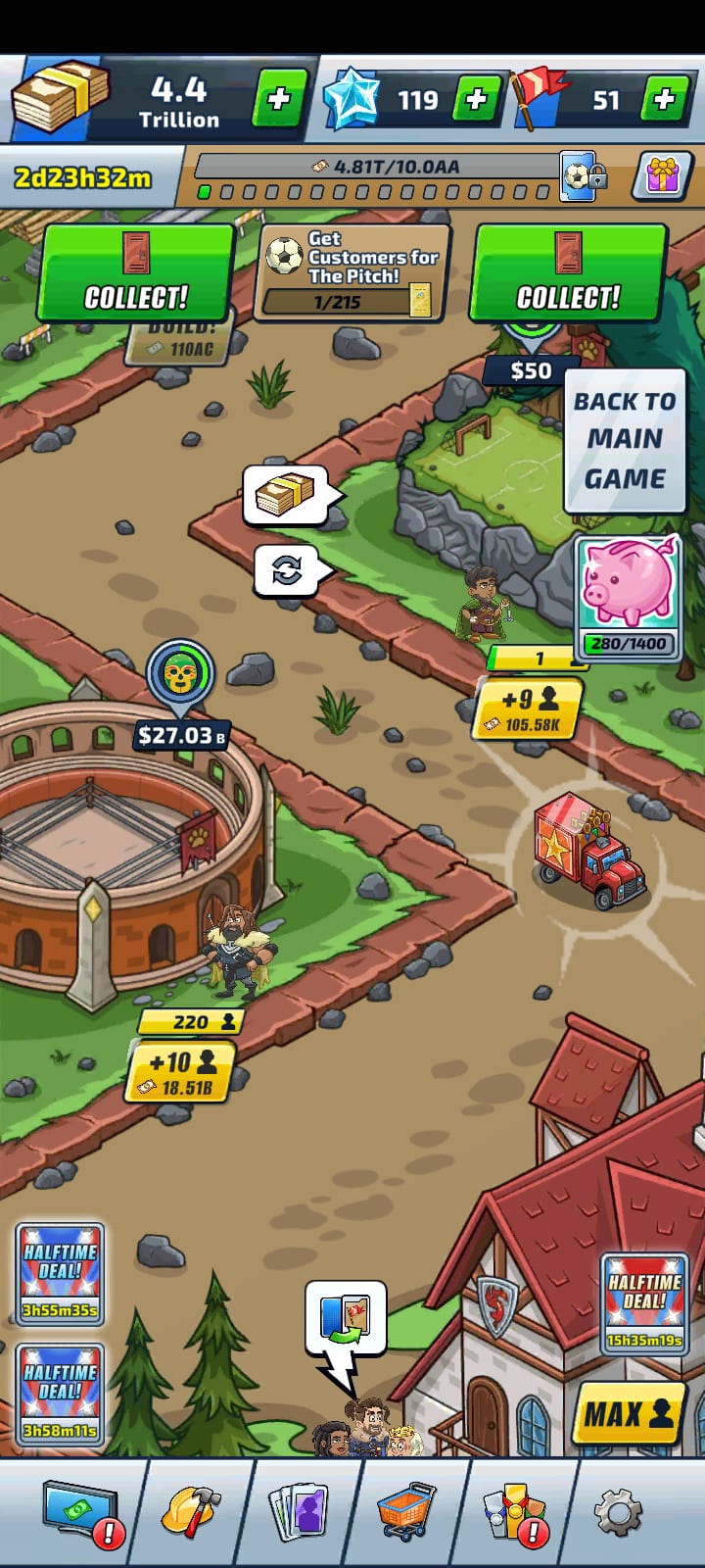 A live event in Idle Sports Stadium Tycoon with its own map, event goal, reward progress bar and a countdown, plus a Back to Main Game button