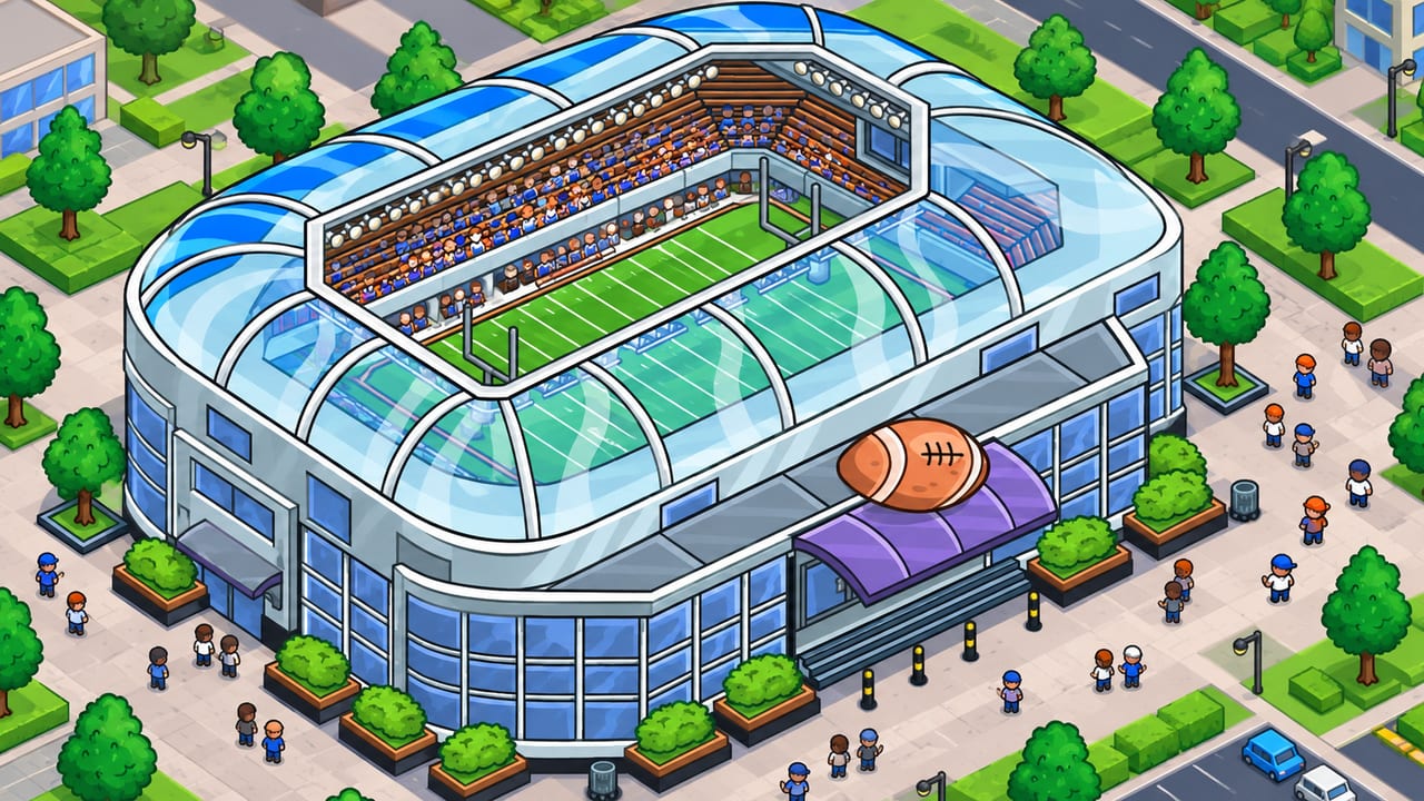 Illustration of a covered football stadium with a full crowd, in the art style of Idle Sports Stadium Tycoon