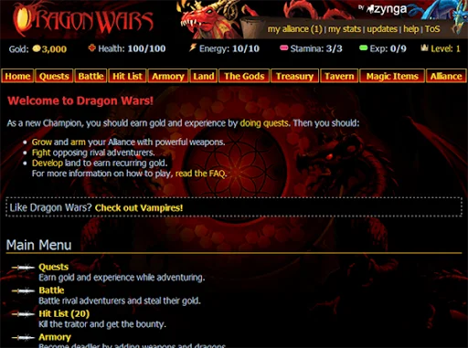 Main menu of Zynga's Dragon Wars