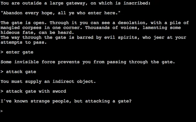 Gameplay screenshot of the text based game Zork