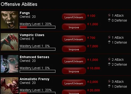 Abilities page of Zynga's Vampire Wars