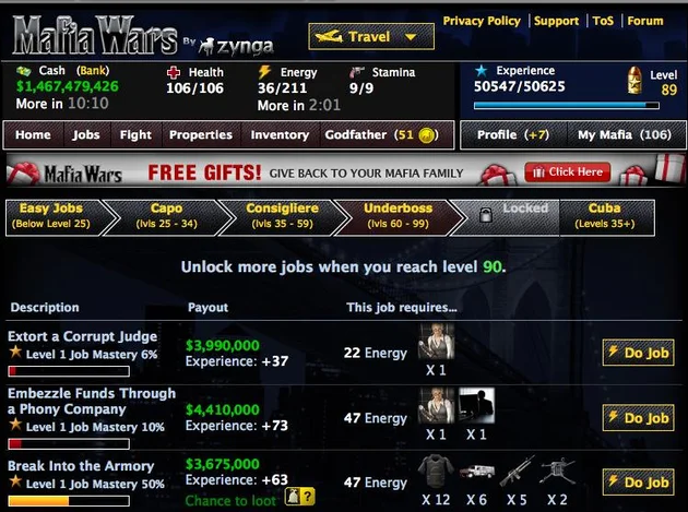 Jobs section of the Mafia Wars game ></p><p class=