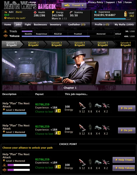 Bangkok jobs page of Zynga's Mafia Wars viewed in a browser