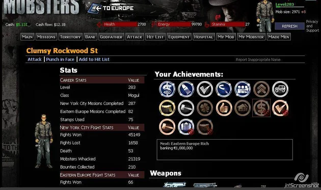 Playdom Mobsters game achievements page