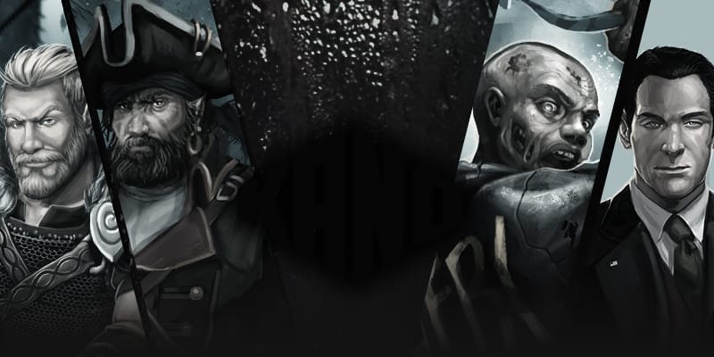 A landscape style banner highlighting a character from four different Kano games, which are Viking Clan, Pirate Clan, Zombie Slayer, and Mob Wars.