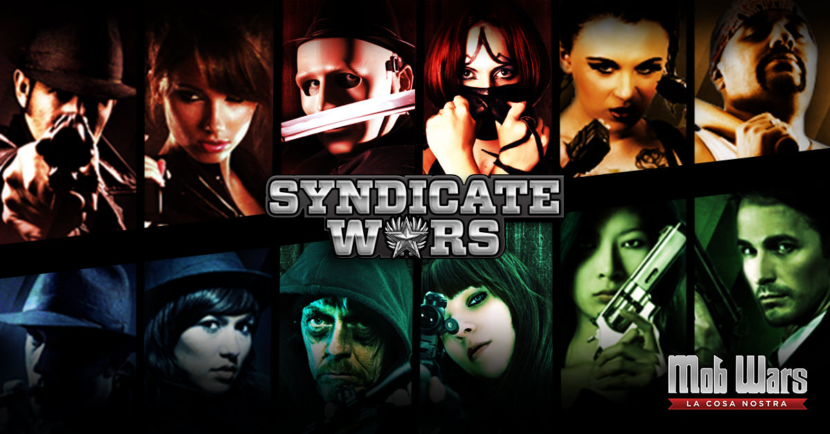 A banner graphic for the Syndicate Wars event in Mob Wars: La Cosa Nostra featuring two rows of character profile portraits of several different types of Mobster characters (all playable in the game Mob Wars)