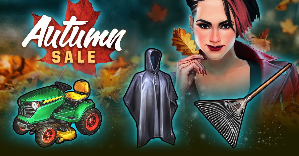 Autumn Sale banner from Mob Wars LCN, featuring a Mobster with a Lawn Mower, Rain Coat, and Rake items.