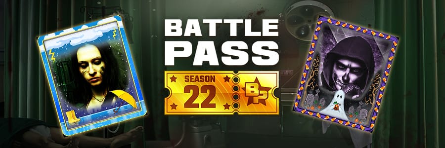Battle Pass season 22 banner for Mob Wars: La Cosa Nostra showcasing two mobsters and the new overlays themed around the rainy weather and ghouls and ghosts.