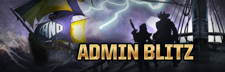 Pirate Clan Admin Blitz Banner featuring two pirates and two pirate ships on stormy seas.