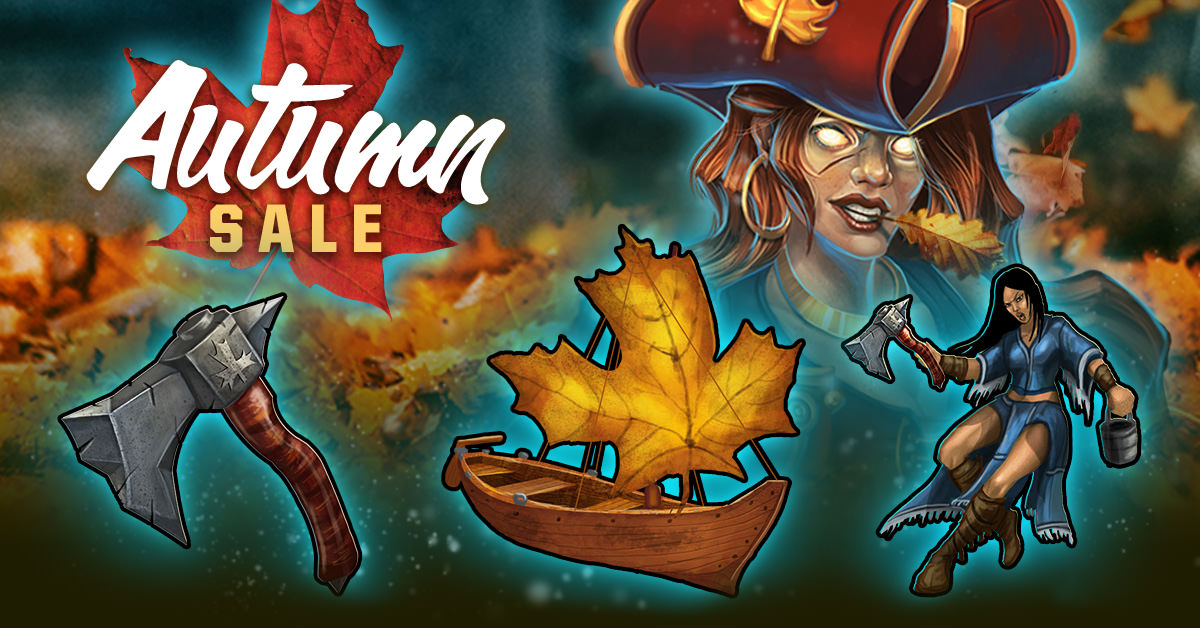 Autumn Sale graphic depicting a possessed pirate and showcasing three brand new items; the Autumn Hatchet, the Autumn Maple Ship and a new Matey for hire in Pirate Clan