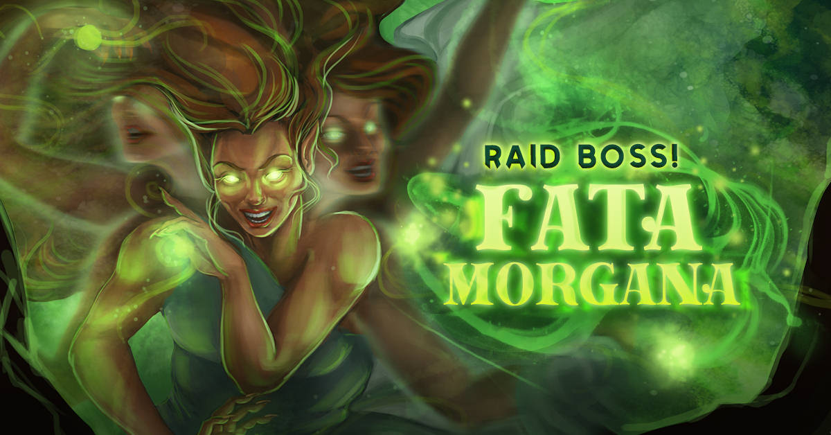 Pirate Clan Raid Boss banner featuring an evil sorceress, Fata Morgana, surrounded by flowing green magic.