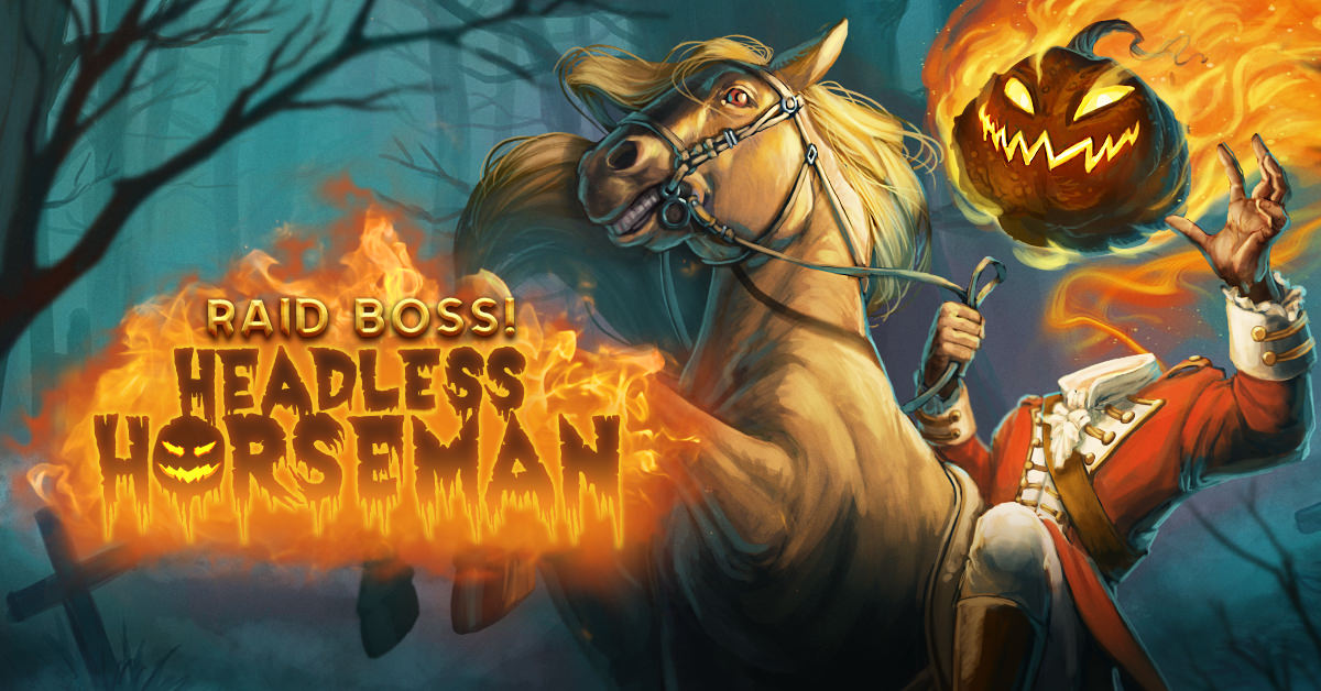 The Headless Horseman Raid Boss (classic Halloween depiction) rides his horse into battle in Pirate Clan, with his floating pumpkin head and glowing eyes