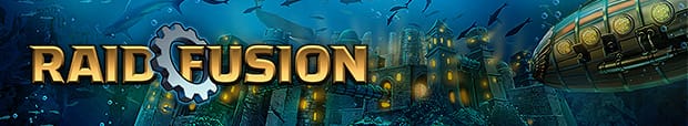 Mobile-style banner featuring several pirate / nautical-style air and sea ships on the open seas at night, showcasing our newest Raid Event, Raid Fusion.