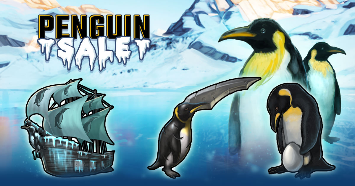 Pirate Clan Sale banner featuring an icy penguin pirate ship, a penguin with its egg, and a penguin with a bladed beak.