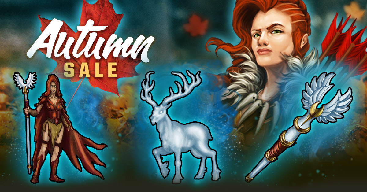 Viking Clan Autumn Sale banner showing a female Viking Warrior, a sorceress, an ethereal elk, and a magical staff.