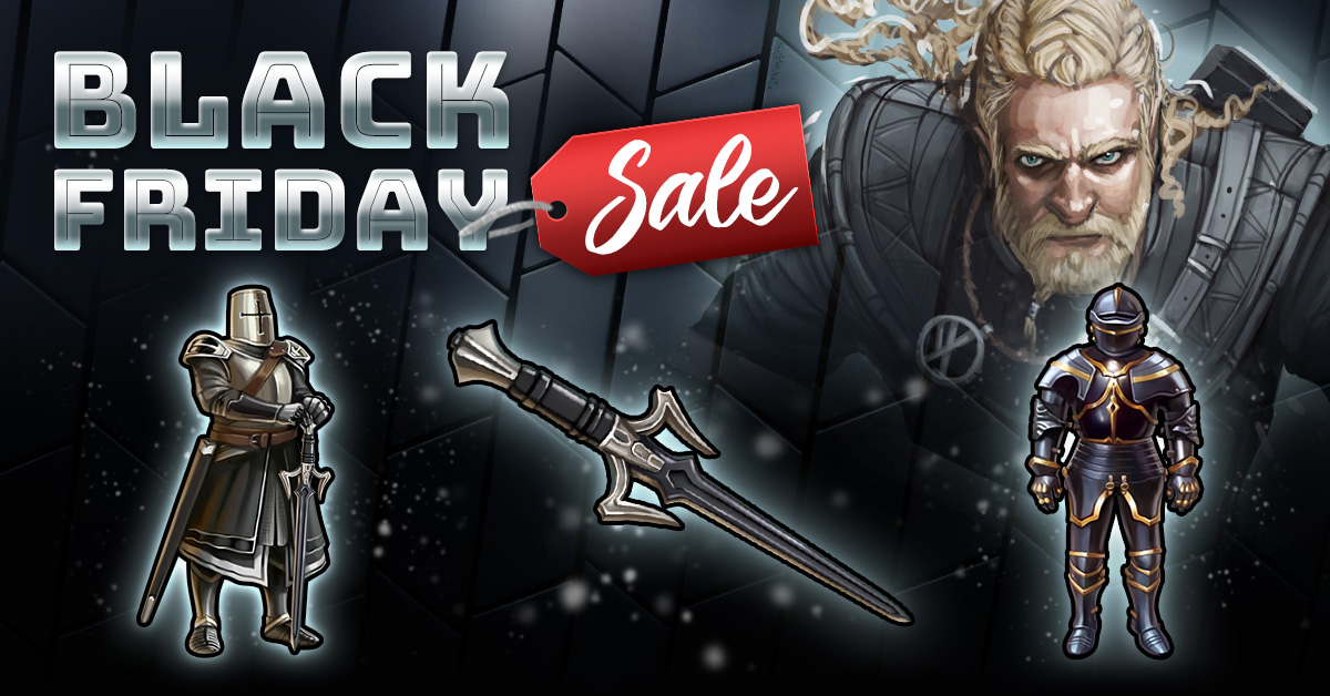 Viking Clan Black Friday Sale banner, including a Viking Warrior, a sword, a suit of armour, and a knight.