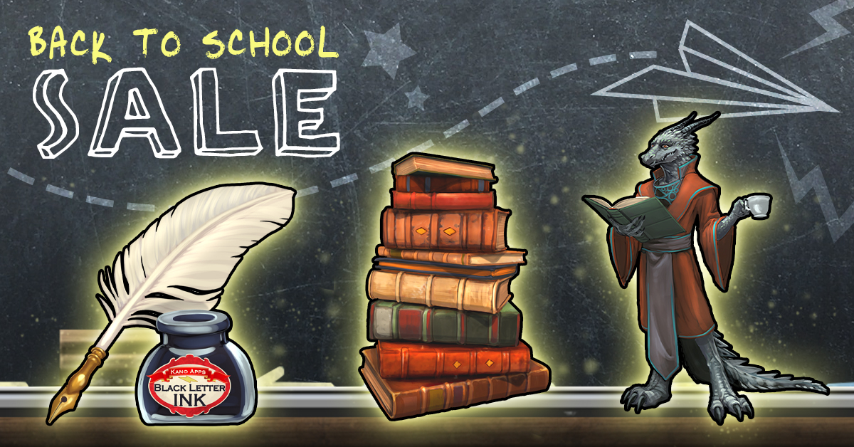 Back to School sale banner with Pen and Quill, Stack of Books and Instructor Wyrm for Viking Clan