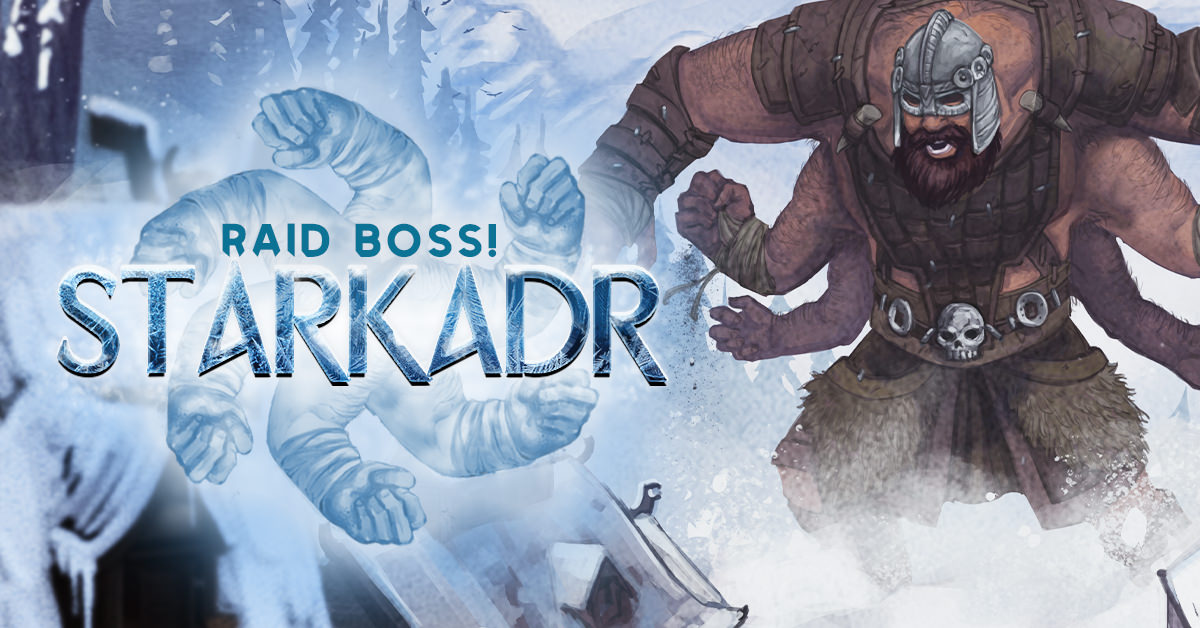 Raid Boss banner featuring Starkadr, a six-armed giant threatening a Viking village.