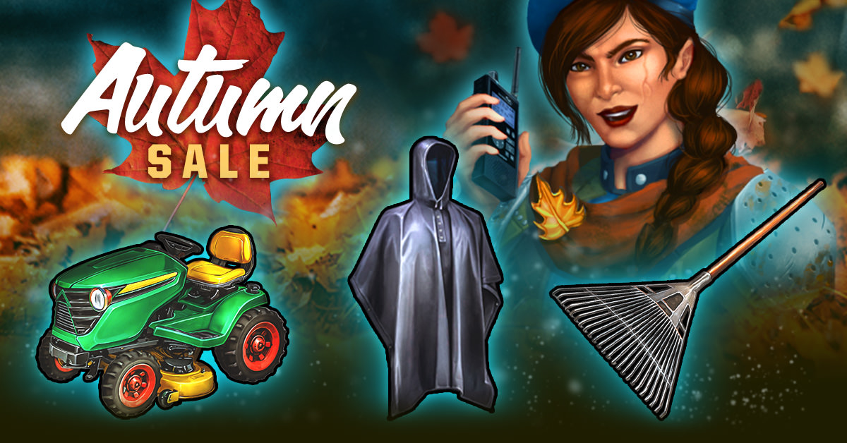 A banner showcasing a survivor of the zombie apocalypse with her walkie talkie, standing in front of autumn leaves, showcasing three new items; the riding lawnmower, the rain slick and the rake weapon from Zombie Slayer.